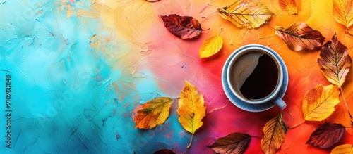 Autumn leaves surrounding a cup of coffee on a colorful background with a vast copy space image