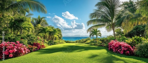 Fototapeta Naklejka Na Ścianę i Meble -  A lush tropical garden with colorful hibiscus flowers and palm trees 