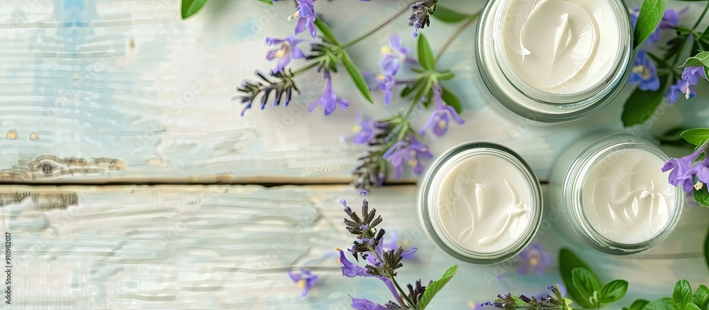 Sage herbal flowers face cream on a white wooden table with copy space image Sage herbal flowers face cream on a white wooden table with copy space image