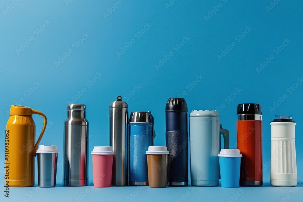Assorted insulated bottles and cups against blue background. Assorted insulated bottles and cups against blue background.