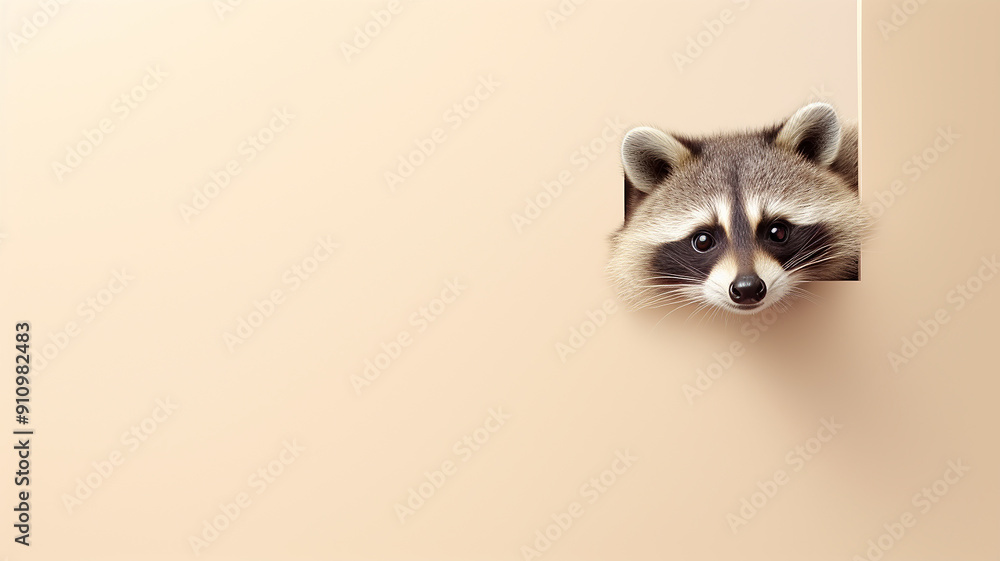 Cute raccoon peeks out, on a smooth background in the studio, lots of copy space for design Cute raccoon peeks out, on a smooth background in the studio, lots of copy space for design