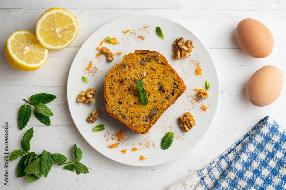 Delicious piece of carrot cake with walnuts. Delicious piece of carrot cake with walnuts.
