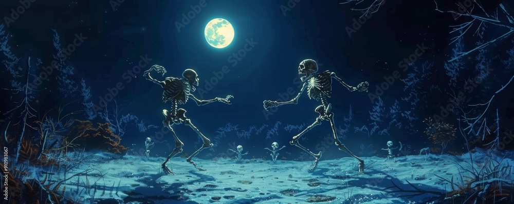 Skeletons dancing in a moonlit clearing, playful yet spooky atmosphere, animated scene Skeletons dancing in a moonlit clearing, playful yet spooky atmosphere, animated scene