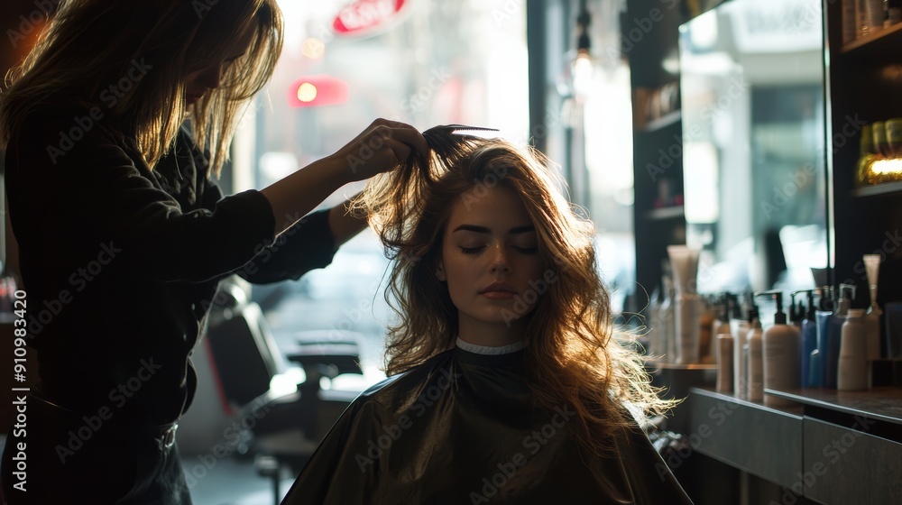 Beautiful young woman getting her hair styled in a salon. Beautiful young woman getting her hair styled in a salon.
