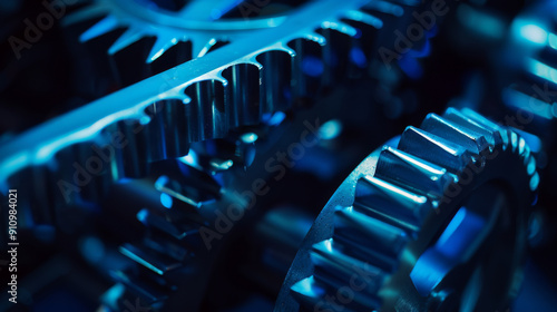 A close-up view of interlocking metallic gears bathed in cool blue light, capturing the mechanical precision and complexity.