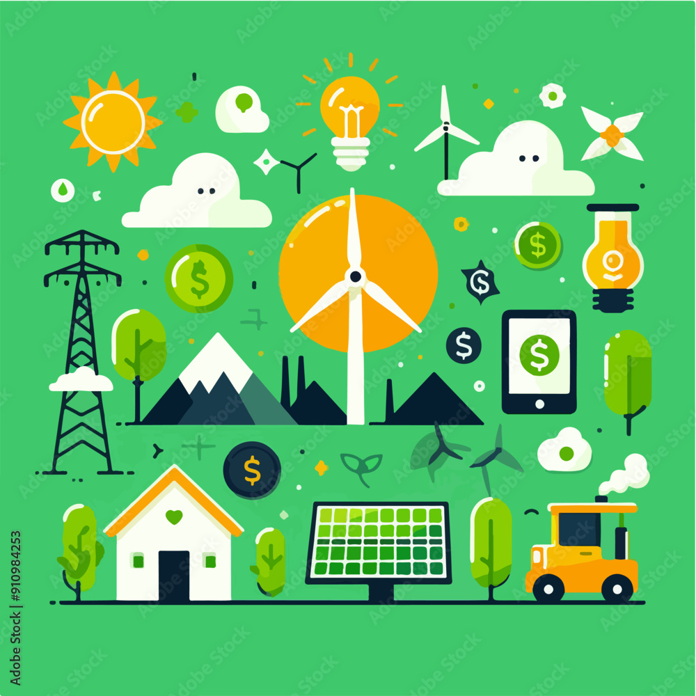 Renewable, green energy and save energy web banner. Ecology, Sustainable clean industrial factory, renewable energy sources and green electricity concept icons. Environment doodle flate design vector Renewable, green energy and save energy web banner. Ecology, Sustainable clean industrial factory, renewable energy sources and green electricity concept icons. Environment doodle flate design vector