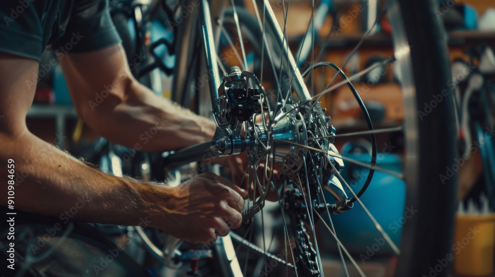 Fototapeta premium A person meticulously adjusting the gears on a bike's rear wheel in a bustling workshop, emphasizing precision and dedication to craft.