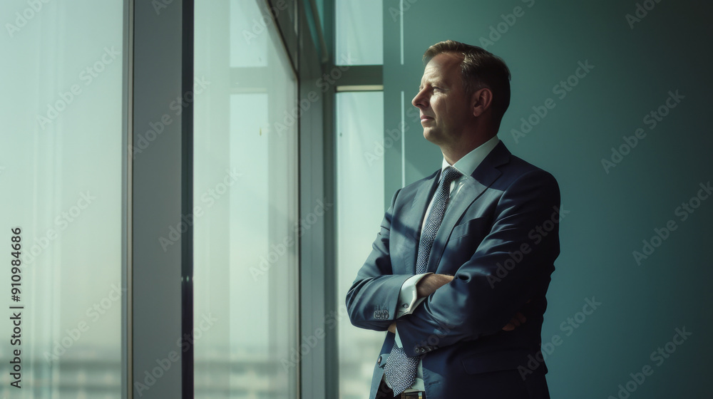 A man in a suit stands by a large window, arms crossed, looking ahead with determination and optimism about future prospects. A man in a suit stands by a large window, arms crossed, looking ahead with determination and optimism about future prospects.