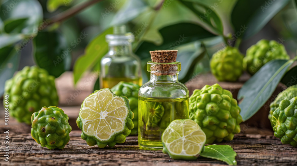 Bottles of light green liquid and freshly cut bergamot fruits rest on an old wooden table amid flourishing green leaves.