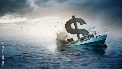 Bankkruptcy concept, Company collapse, Sinking ship with dollar sign photo