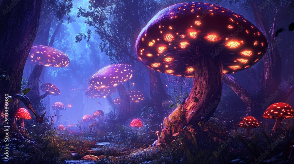 Fototapeta premium A mystical forest filled with large glowing mushrooms, casting an ethereal light amidst lush vegetation during twilight hours