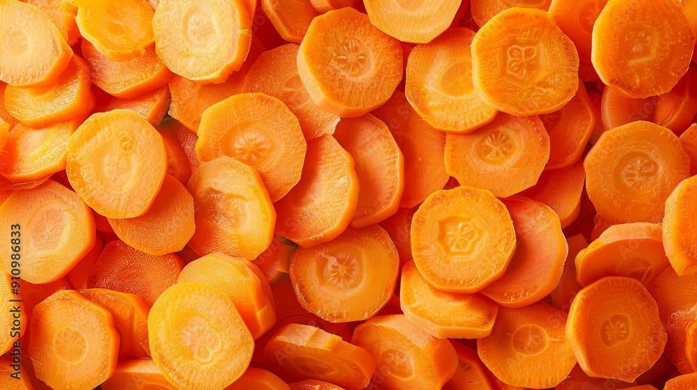 A close-up of neatly sliced, vibrant orange carrots creating a visually satisfying and textured pattern. A close-up of neatly sliced, vibrant orange carrots creating a visually satisfying and textured pattern.