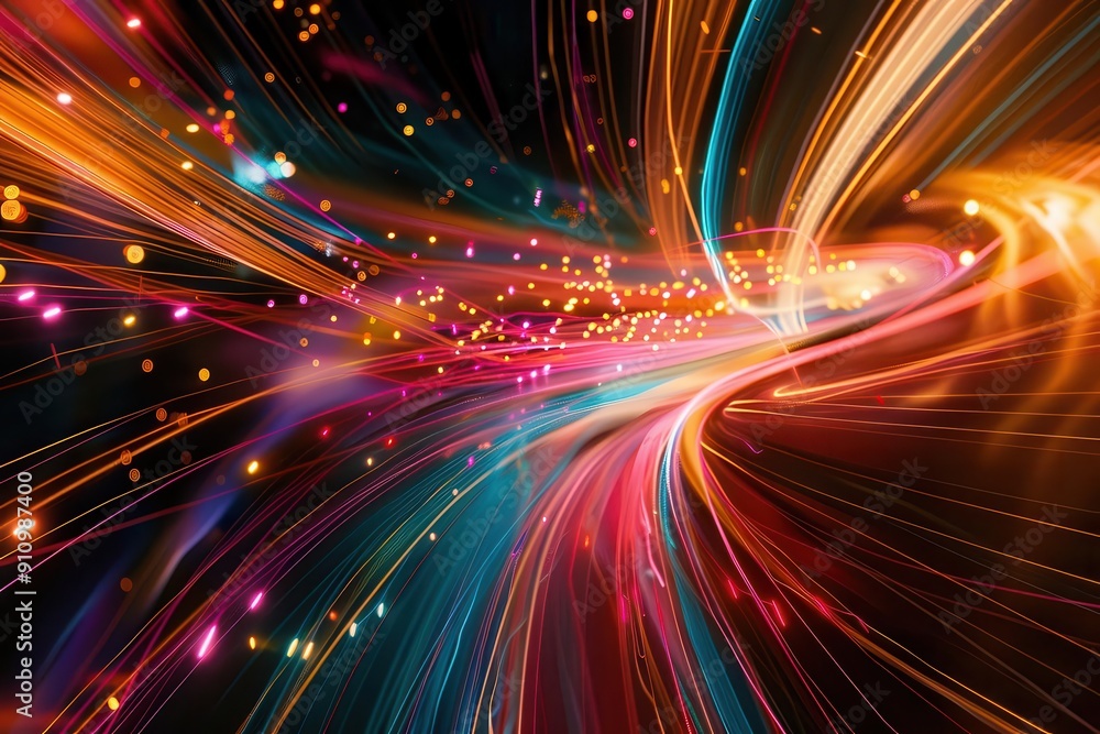 Fototapeta premium abstract light trails forming a digital neural network vibrant colors against a dark background conveying speed connectivity and technological advancement futuristic and dynamic composition