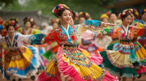 Women in colorful traditional Korean Hanbok dresses dance in a group.