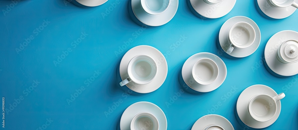 An assortment of refined porcelain cups and saucers on a blue backdrop in a top down view perfect for showcasing a copy space image An assortment of refined porcelain cups and saucers on a blue backdrop in a top down view perfect for showcasing a copy space image