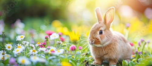 A Netherland dwarf rabbit is happily exploring a flowerbed in the park with a serene background for copy space image