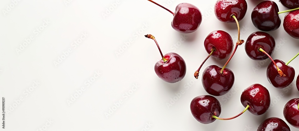 Top view of sweet juicy cherries against a white background with ample copy space image Top view of sweet juicy cherries against a white background with ample copy space image
