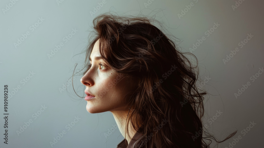 A woman gazes enigmatically towards the light, her flowing hair and soft profile bathed in a gentle glow, exuding quiet contemplation. A woman gazes enigmatically towards the light, her flowing hair and soft profile bathed in a gentle glow, exuding quiet contemplation.