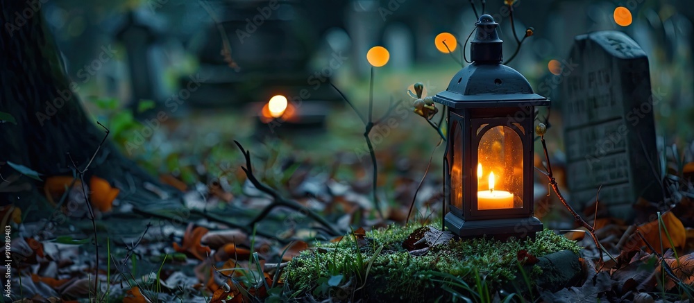 A candle lantern placed at a somber cemetery scene evokes a feeling of deep sorrow during a funeral with a peaceful copy space image A candle lantern placed at a somber cemetery scene evokes a feeling of deep sorrow during a funeral with a peaceful copy space image