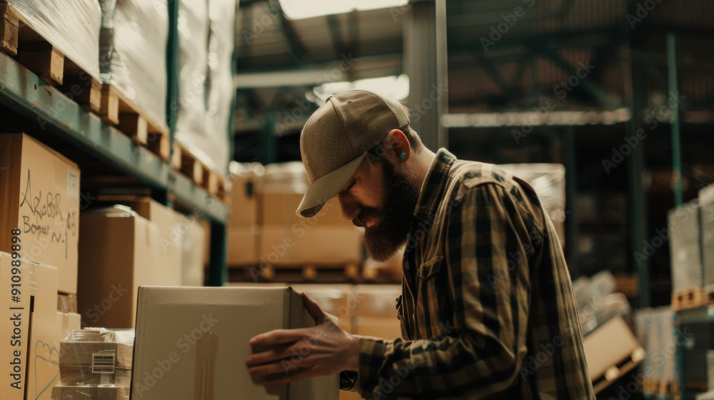 A man in a plaid shirt and cap stacks boxes in a dimly lit warehouse, focusing diligently on his task amid shelves of organized inventory. A man in a plaid shirt and cap stacks boxes in a dimly lit warehouse, focusing diligently on his task amid shelves of organized inventory.