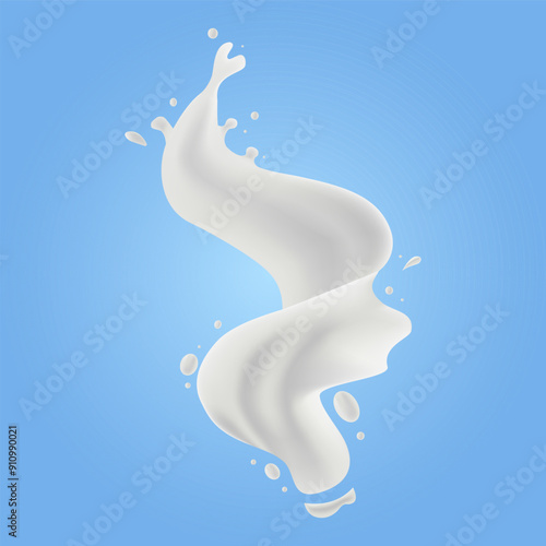 Twisted Milk Liquid Splash Wave.  Realistic Milk Drop Isolated on Blue Background. Vector Illustration for Product Design or Advertising Needs.