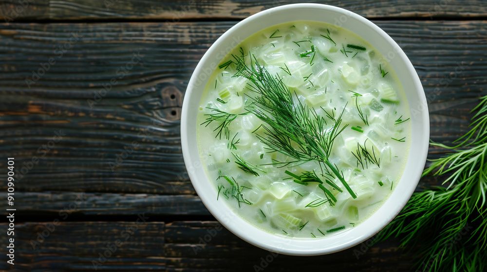 Refreshing cold russian soup with fresh dill and kefir on a wooden table, perfect for a healthy summer meal. Rustic charm and fresh ingredients like cucumber and yogurt Refreshing cold russian soup with fresh dill and kefir on a wooden table, perfect for a healthy summer meal. Rustic charm and fresh ingredients like cucumber and yogurt