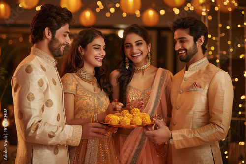 indian man and women in party dress, with one indian woman holding plate of laddu food , smiling at each other photo