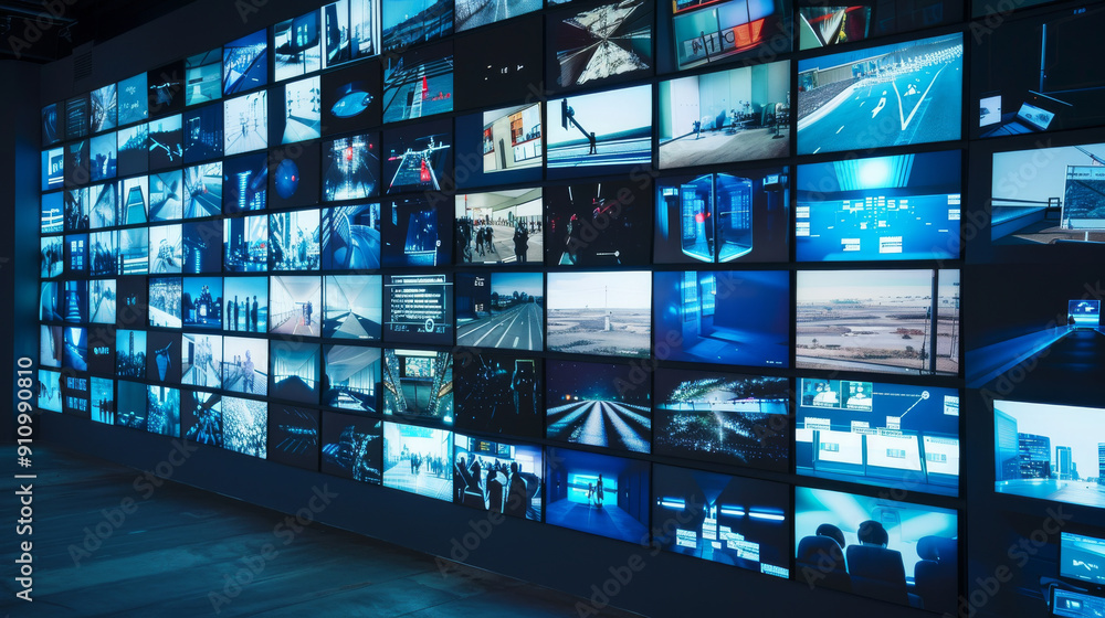 A wall filled with numerous screens displaying various scenes and data points, creating a dynamic collage of visuals, immersed in technology and information. A wall filled with numerous screens displaying various scenes and data points, creating a dynamic collage of visuals, immersed in technology and information.
