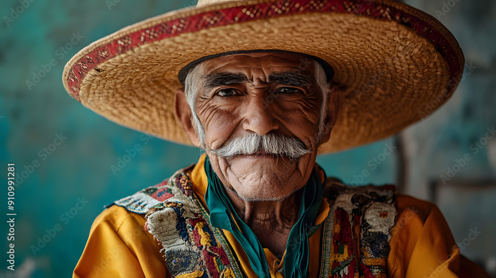 Portrait of an old Mexican mariachi minstrel wearing an oversized ...