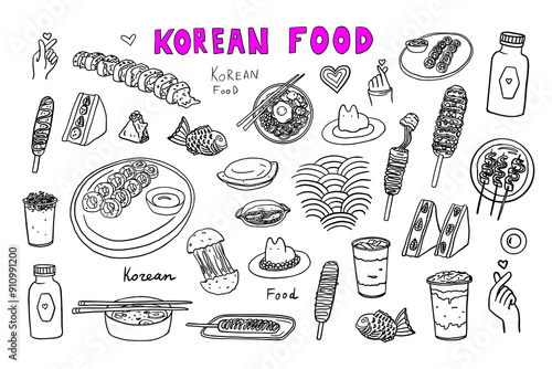 Set of Korean street food in doodle style. Korean desserts. Korean cuisine. Ramen, corn dog, pudding cat, cheese coin, Kkochi eomuk, Gimbap, korean sushi roll, noodle. Asian food. Hand drawn vector
