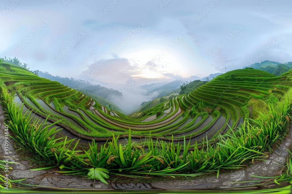 A serene scene of sunrise illuminating endless green terraced rice fields enveloped in a gentle mist, creating a tranquil and picturesque view of the cultivated landscape. A serene scene of sunrise illuminating endless green terraced rice fields enveloped in a gentle mist, creating a tranquil and picturesque view of the cultivated landscape.