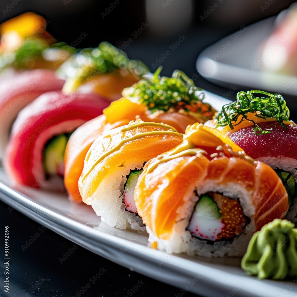 A close-up image of a colorful sushi platter, featuring meticulously crafted rolls with fresh fish and vegetables, showcasing its mouthwatering appeal A close-up image of a colorful sushi platter, featuring meticulously crafted rolls with fresh fish and vegetables, showcasing its mouthwatering appeal