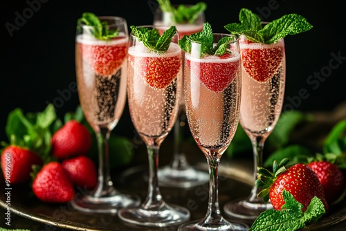 Festive cocktail hour with champagne flutes, strawberries, and mint, elegant celebration