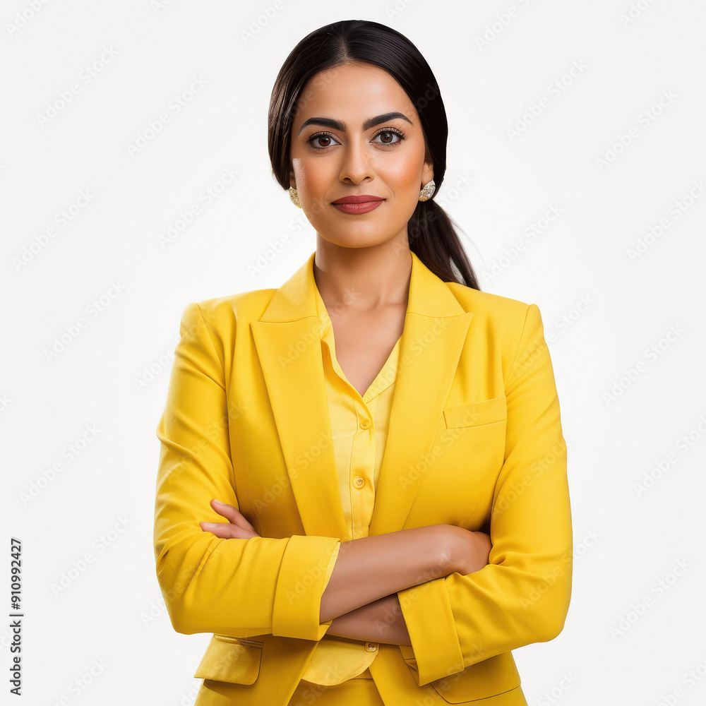 Young woman in yellow color suit standing confidently on white background Young woman in yellow color suit standing confidently on white background