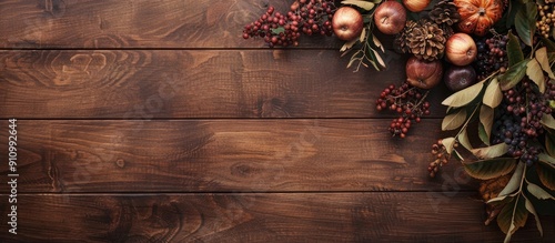 An autumnal arrangement on a wooden table with copy space image