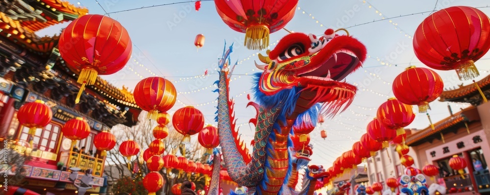 Fototapeta premium Chinese New Year celebration with red lanterns and a dragon dance.