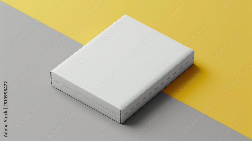 A sleek and contemporary design mockup of a white product package, folded top, crisp edges, positioned against a contrasting background of gray and bright yellow