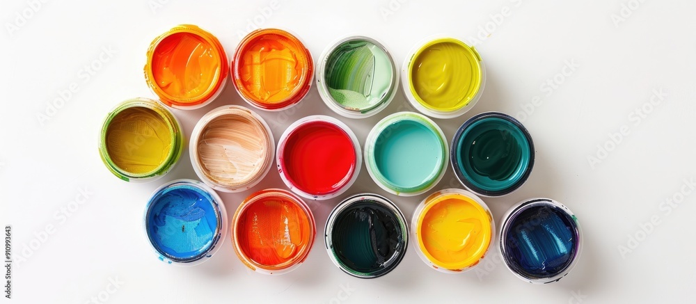 Various cans of colorful gouache paints isolated on a white background with a top down view Includes a green cap from one jar offering copy space image Various cans of colorful gouache paints isolated on a white background with a top down view Includes a green cap from one jar offering copy space image