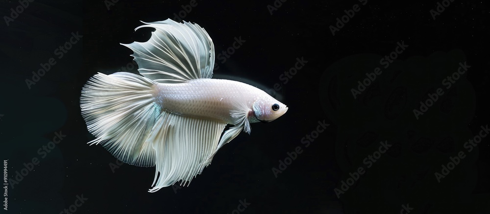 A beautiful white Rosetail Betta fish with a vibrant Half Moon tail known as Betta splendens swimming in water against a black background with ample copy space image A beautiful white Rosetail Betta fish with a vibrant Half Moon tail known as Betta splendens swimming in water against a black background with ample copy space image