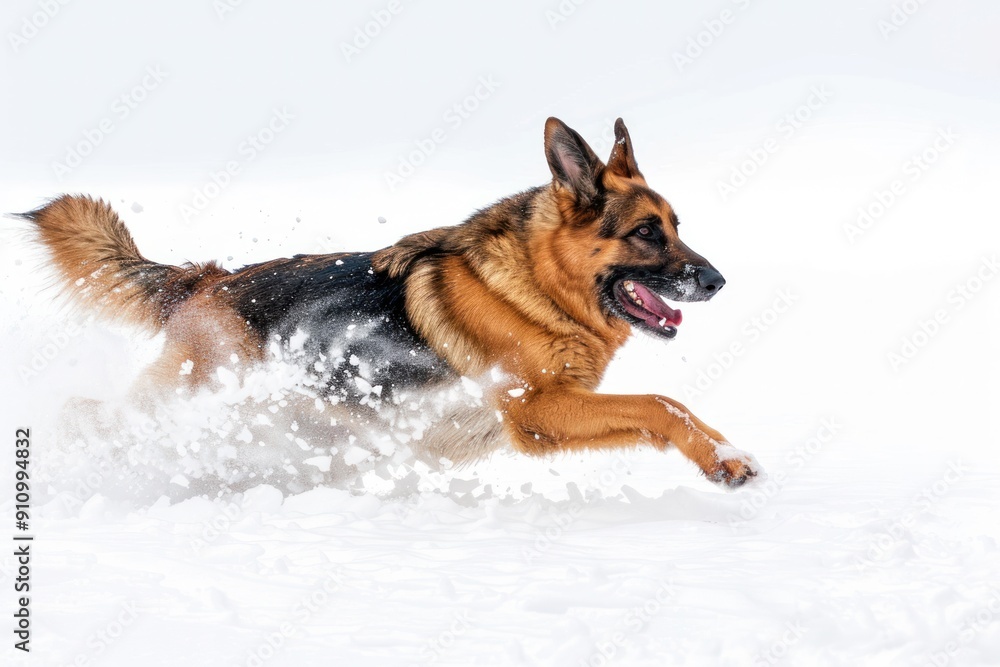 A playful German Shepherd runs and jumps in the snow. A playful German Shepherd runs and jumps in the snow.