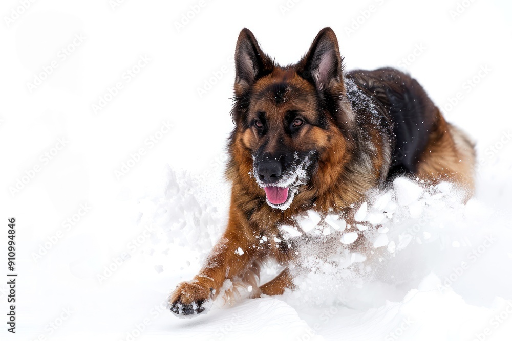 A playful German Shepherd runs and jumps in the snow. A playful German Shepherd runs and jumps in the snow.