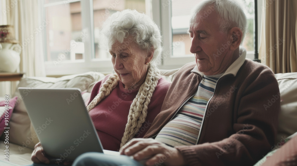 An elderly couple sits comfortably on a couch, sharing a laptop, engrossed in whatever they are viewing. An elderly couple sits comfortably on a couch, sharing a laptop, engrossed in whatever they are viewing.