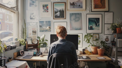 A creative workspace flooded with natural light, featuring a person working at a desk surrounded by various art pieces, plants, and digital tools.