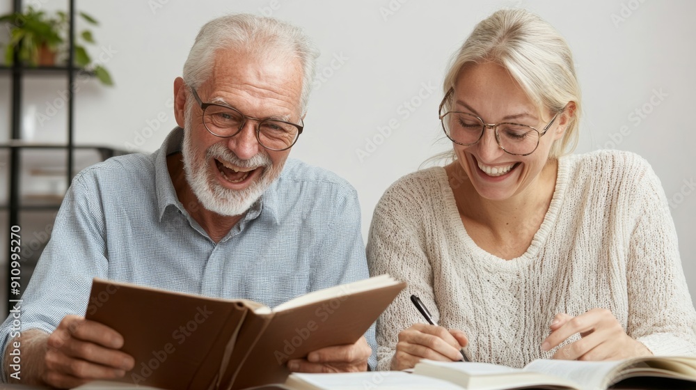 An elderly man and a middle-aged woman laugh together while reading a book, creating a warm and joyful atmosphere in a comfortable and well-lit room. An elderly man and a middle-aged woman laugh together while reading a book, creating a warm and joyful atmosphere in a comfortable and well-lit room.