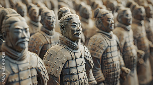 A group of statues of warriors stand in a line