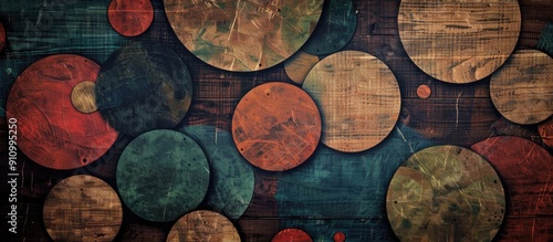 An artistic creation of circular shapes and dots painted on a wooden surface with a blank copy space image for added impact