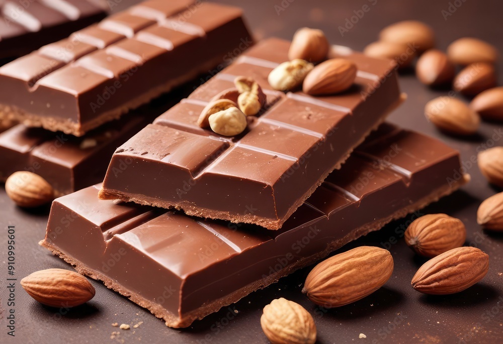 Delicious chocolate bars with cocoa and nuts close up, ai Delicious chocolate bars with cocoa and nuts close up, ai
