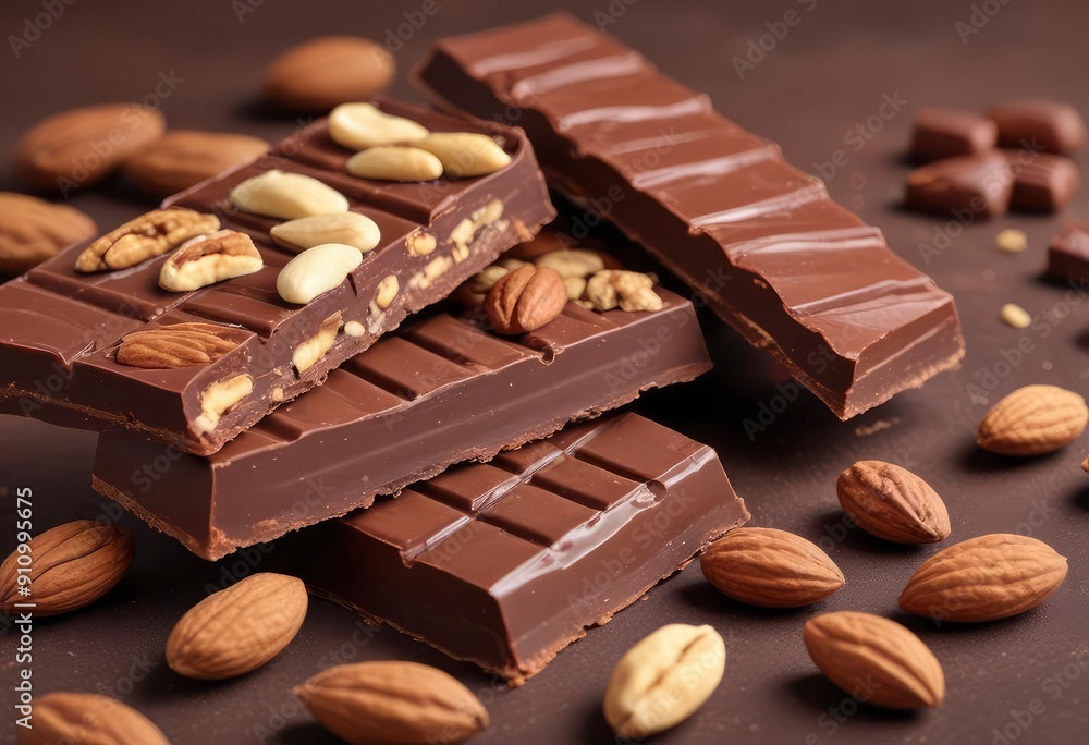Delicious chocolate bars with cocoa and nuts close up, ai Delicious chocolate bars with cocoa and nuts close up, ai