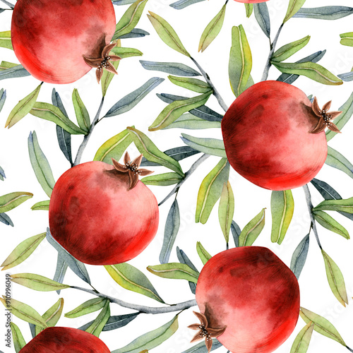 Pomegranates tree with fruits and leaves watercolor seamless pattern on white background in red and green colors for fall harvest designs, kitchen textiles and Jewish Rosh Hashanah greeting products