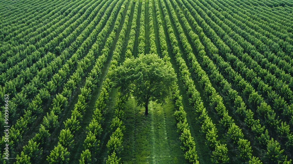 An aerial view of rows of trees with a single large tree in the middle. An aerial view of rows of trees with a single large tree in the middle.
